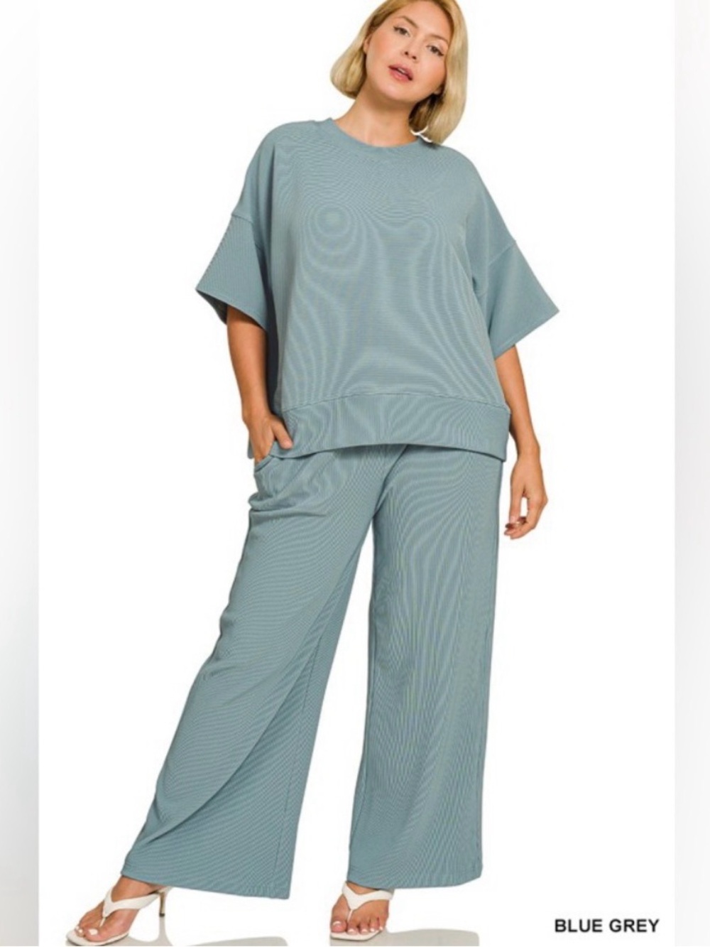 Zenana Blue Grey Plus Ribbed Round Neck Tee & Pants Set 1X